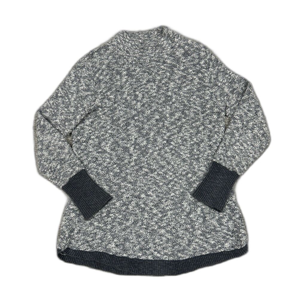 LL Bean Signature Sweater Womens Medium Knit Mock Neck Cotton Linen Gray White